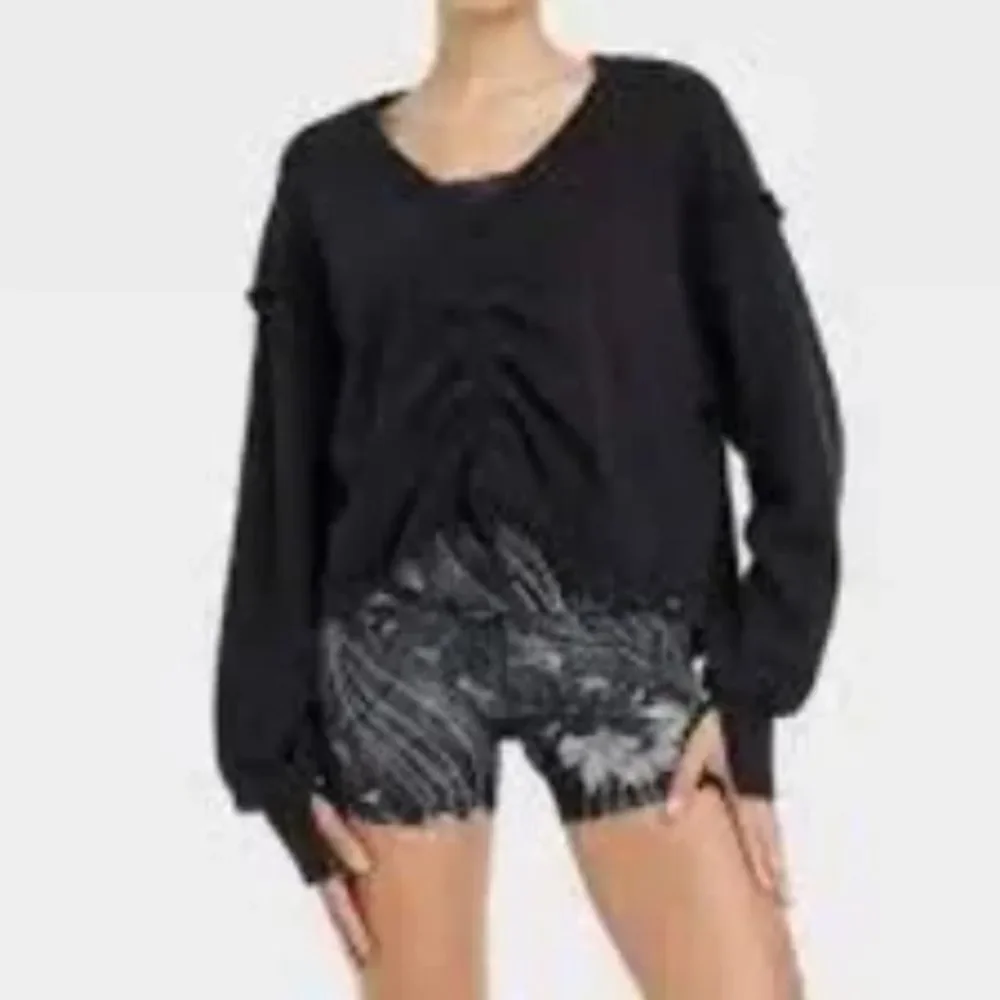 Women’s Joy Lab Black Cinch Front V-Neck Long Sleeve Casual Sweater Size L NWT